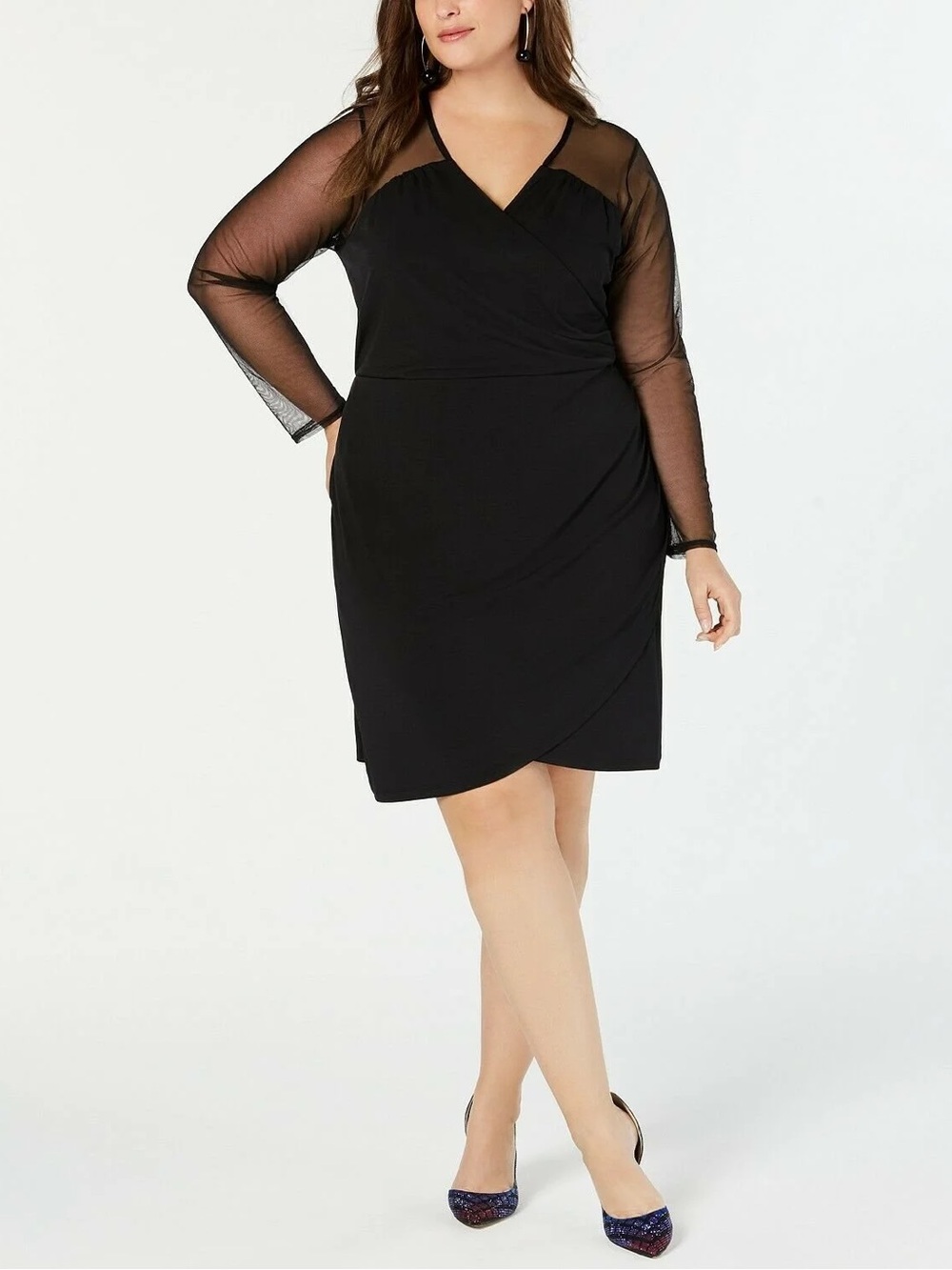 • INC Glam Sheath Dress Black V Neck Mesh Ruched Illusion Sleeve